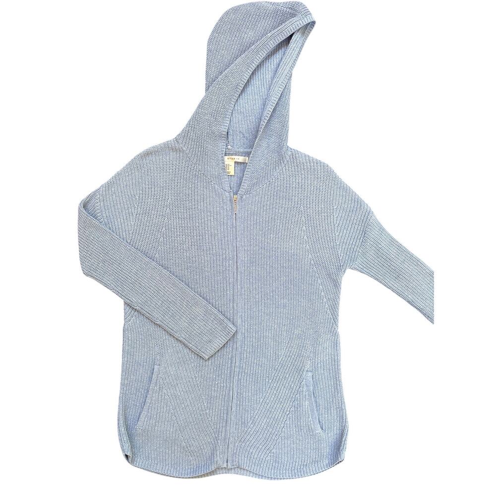 Max Studio Blue Hooded Zip Knit Cardigan Sweater XS
